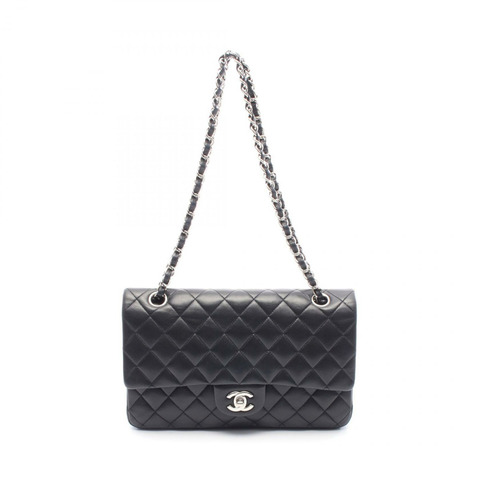 CHANEL Matelasse W 翻蓋鏈條單肩包 A01112 羔羊皮 黑色 二手