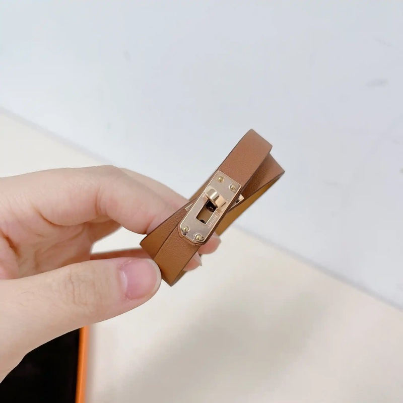 Hermes Kelly棕色玫瑰金扣雙圈手鏈-0