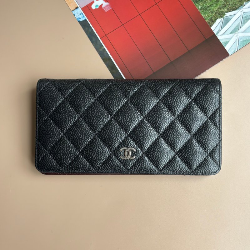 ::CHANEL:: 黑色荔枝皮革 銀雙C 對開多卡長夾-0