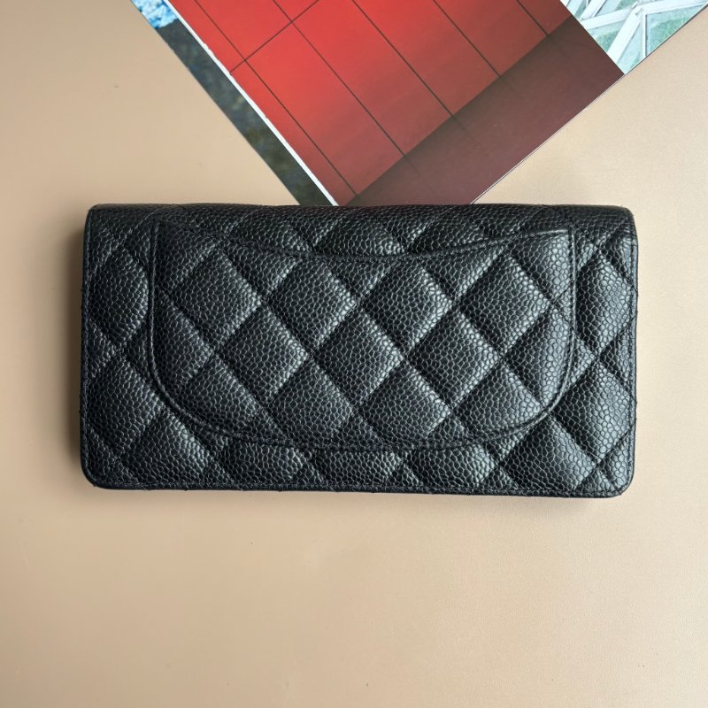 ::CHANEL:: 黑色荔枝皮革 銀雙C 對開多卡長夾-1