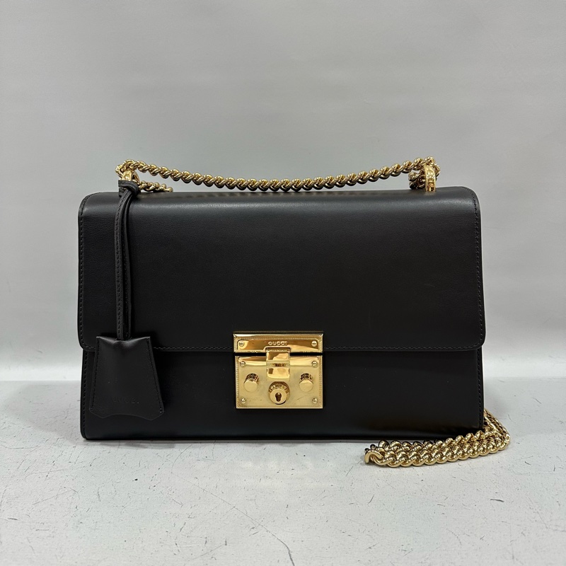 gucci 409486 黑色金釦鎖頭 肩背包-0