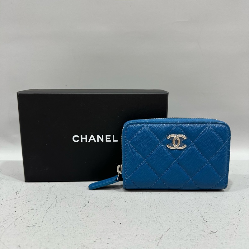 chanel Ap1940 vip限定 藍色荔枝皮銀釦 絲巾 零錢包-0
