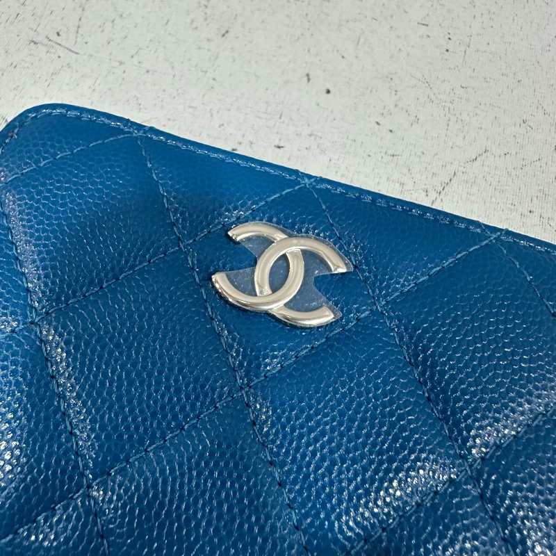 chanel Ap1940 vip限定 藍色荔枝皮銀釦 絲巾 零錢包-12