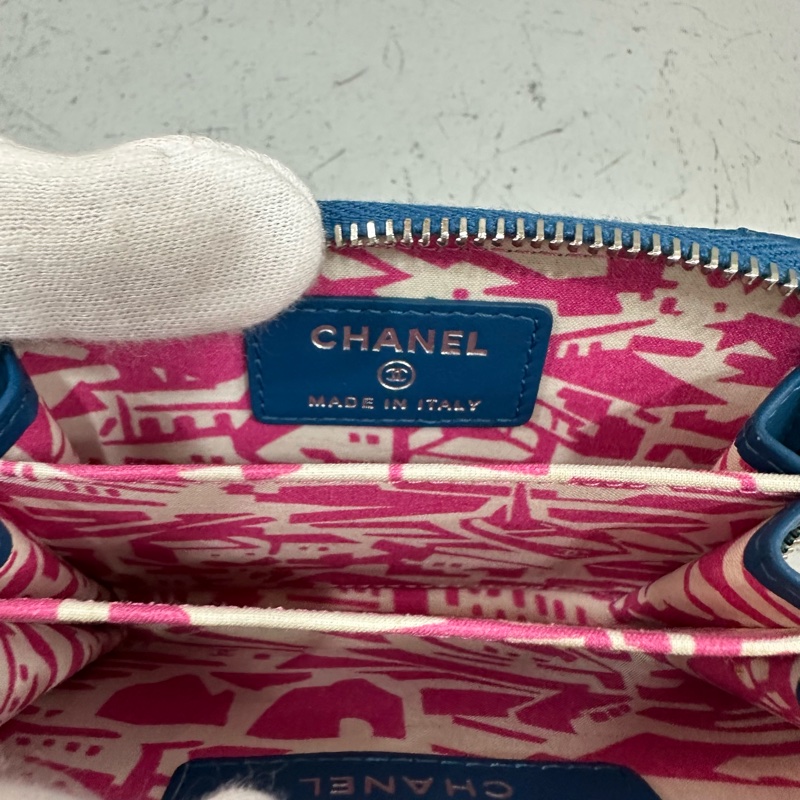chanel Ap1940 vip限定 藍色荔枝皮銀釦 絲巾 零錢包-16