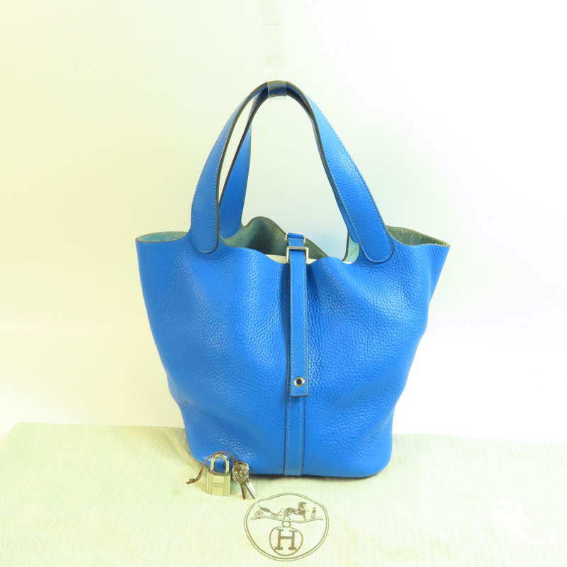 HERMES Clemence皮革Picotin MM銀扣手挽袋Bleu Hydra-10