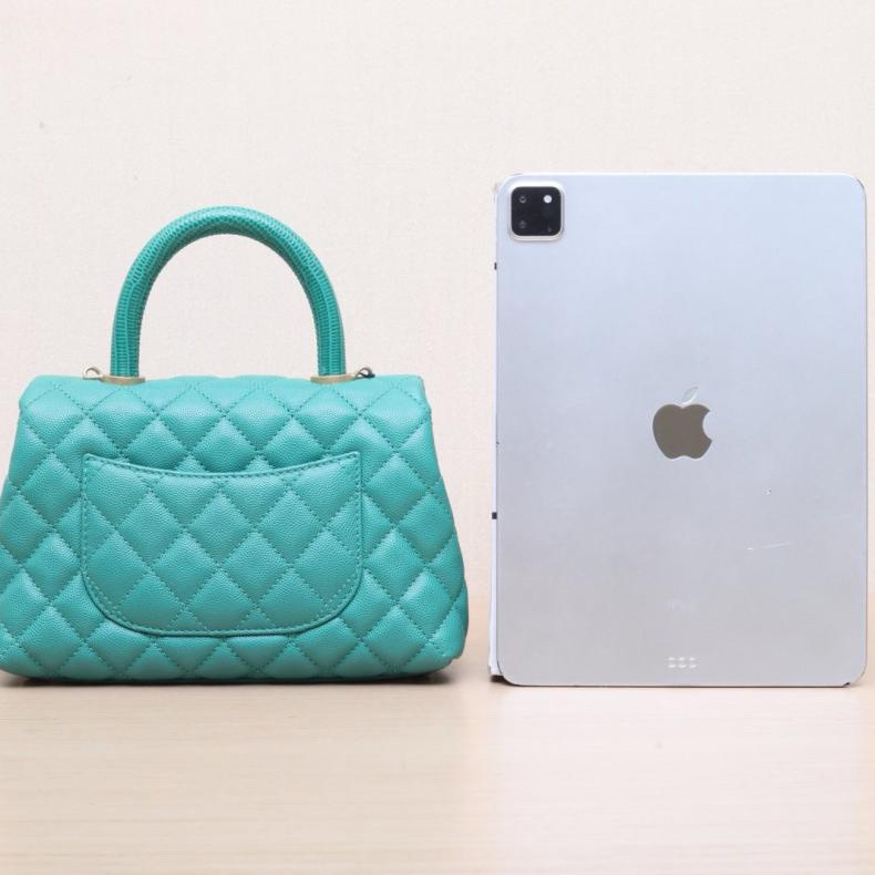 CHANEL(香奈兒) Coco Handle 小號 24cm 綠色 荔枝 28開 金扣 蜥蜴壓紋手柄-2