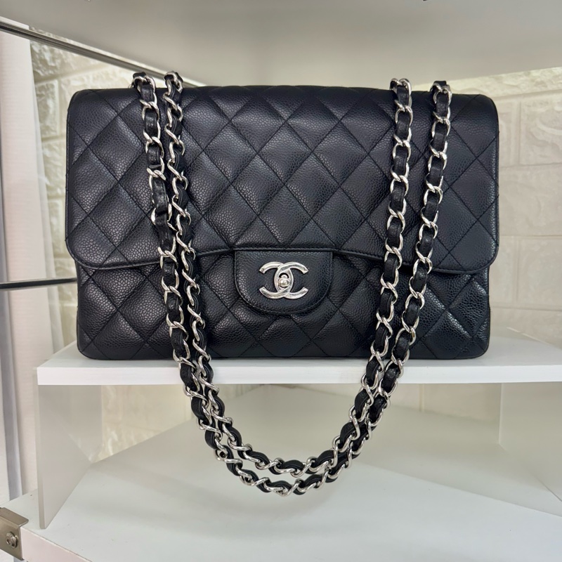 Chanel 魚子醬黑銀雙c扣鏈條包cf單蓋-0