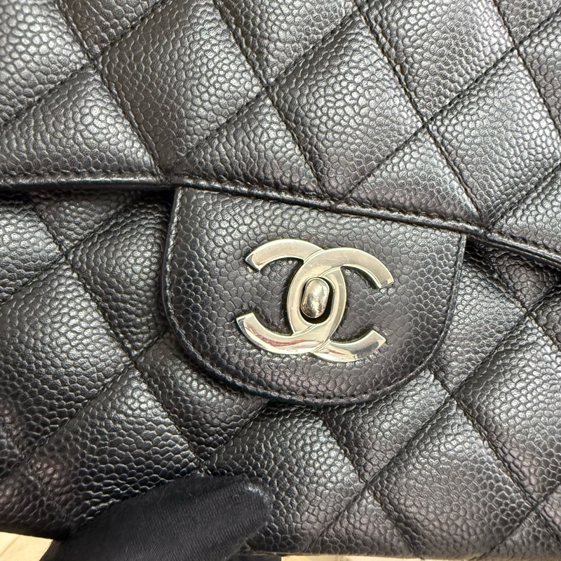 Chanel 魚子醬黑銀雙c扣鏈條包cf單蓋-7