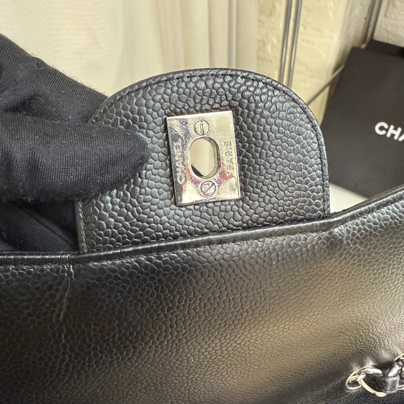 Chanel 魚子醬黑銀雙c扣鏈條包cf單蓋-8