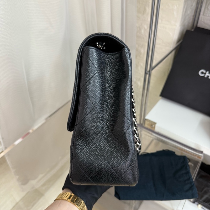 Chanel 魚子醬黑銀雙c扣鏈條包cf單蓋-10