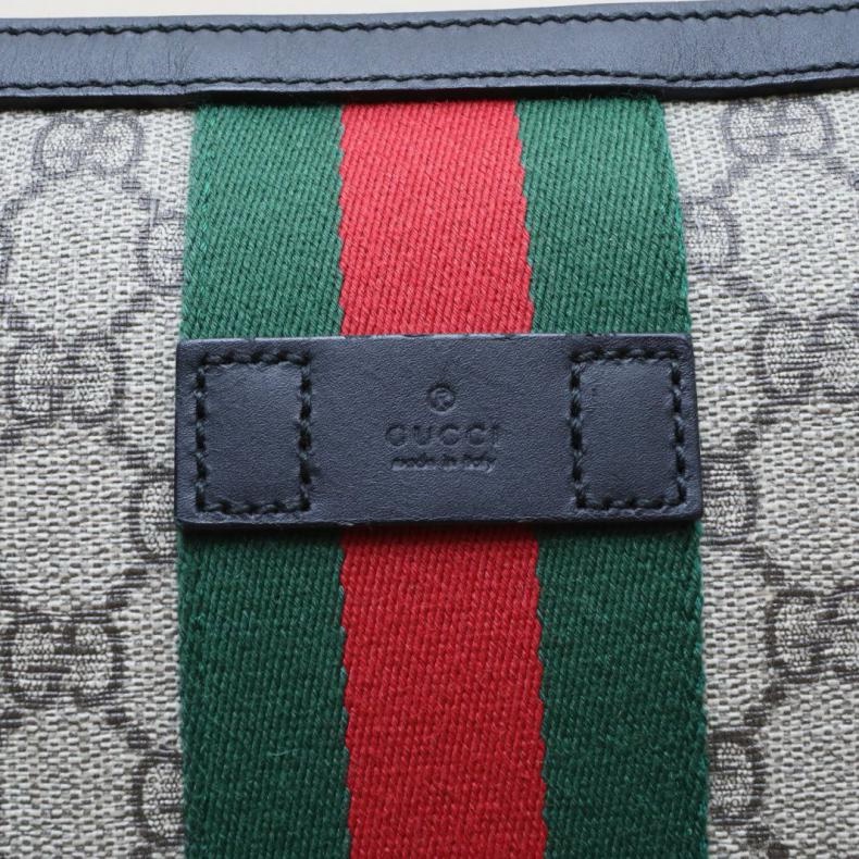 GUCCI(古馳) 烏木色 PVC 銀扣 老花紅綠條紋斜挎包-5