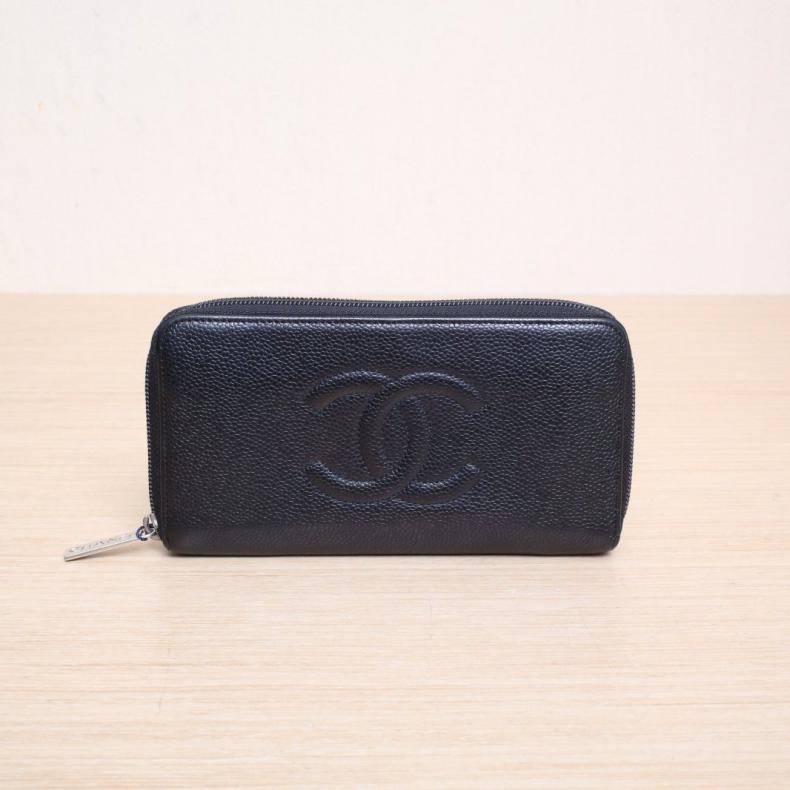 CHANEL(香奈兒) 黑色 荔枝 16開 銀扣 雙C浮雕logo拉鏈長款錢包-0