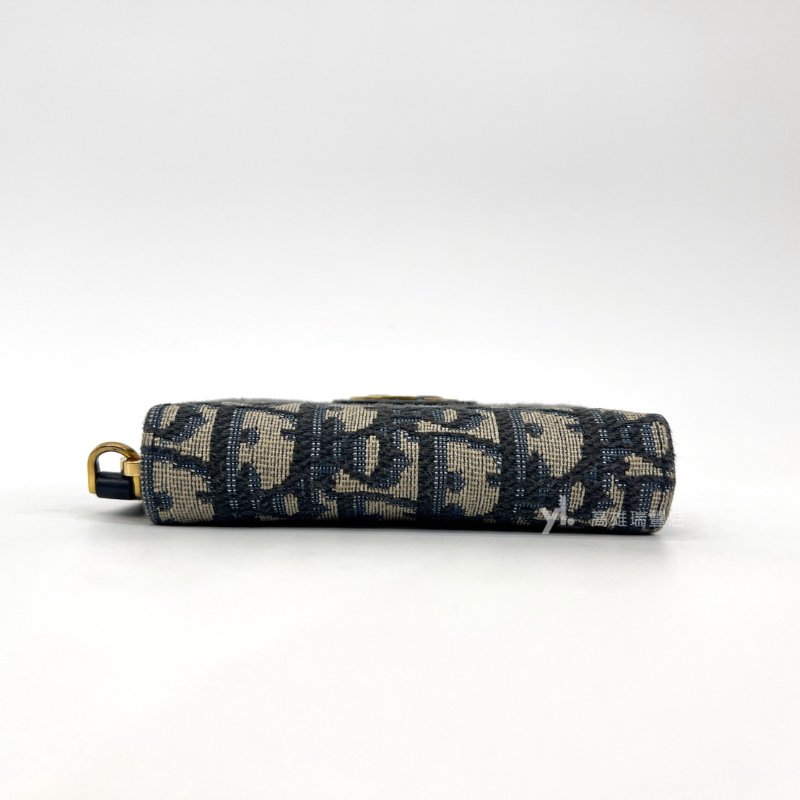 ❣Dior零錢包 藍緹花布金釦4卡ㄇ拉零錢卡包-6