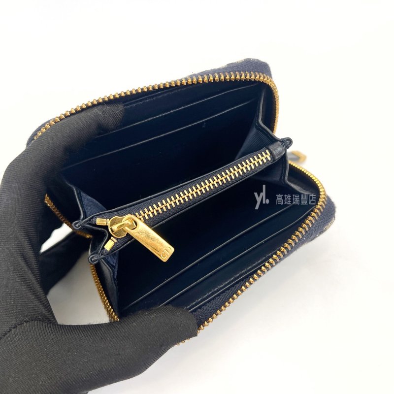 ❣Dior零錢包 藍緹花布金釦4卡ㄇ拉零錢卡包-9