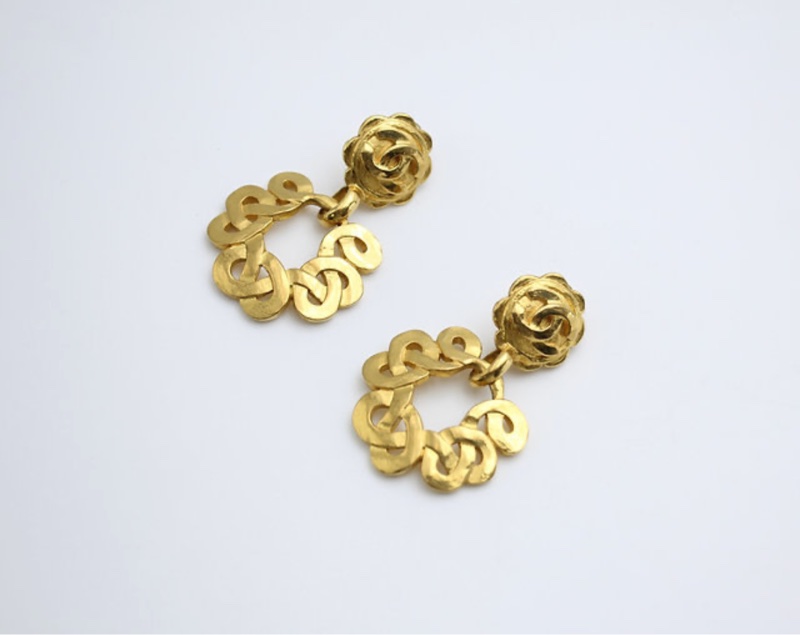 Chanel Vintage 97P 鍍金大花圈垂墜耳環-7