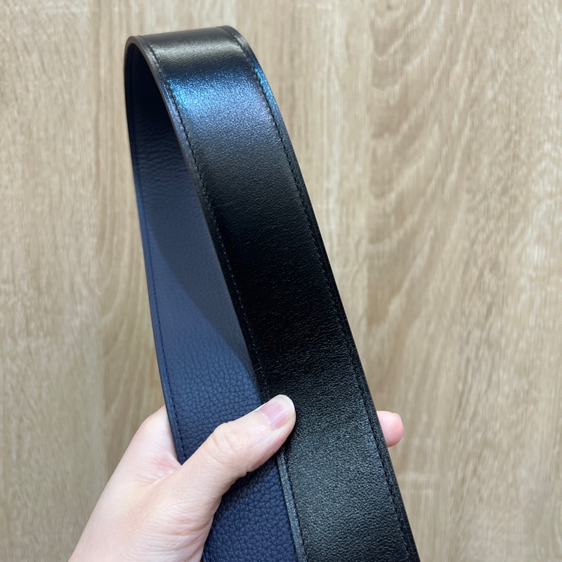 Hermes 午夜藍Togo拼黑Box皮雙線條H釦頭雙面皮帶-6