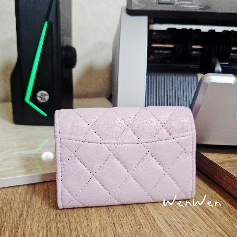 [淡粉色實品超美,價格甜🥰] Chanel 菱格淡粉淡金釦零錢卡包-1