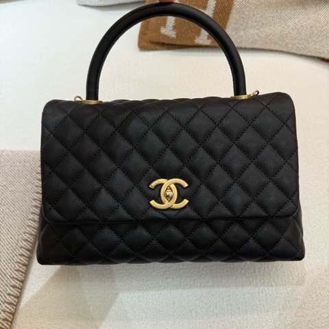 實用美品CHANEL COCO HANDLE 28cm 黑色荔枝牛皮金釦錬手提肩背斜背