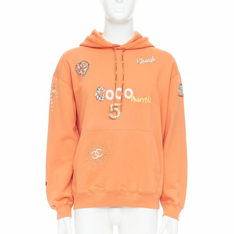 CHANEL Pharrell Williams 19D orange lesage crystal embroidered hoodie M-0