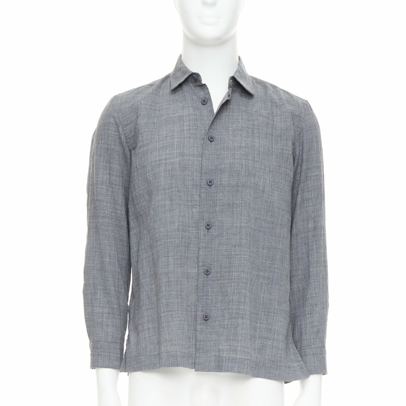 ISSEY MIYAKE MEN grey polyester ramie crinkled shirt top JP1 S-0