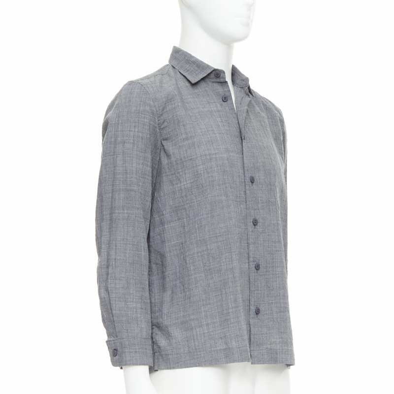 ISSEY MIYAKE MEN grey polyester ramie crinkled shirt top JP1 S-2