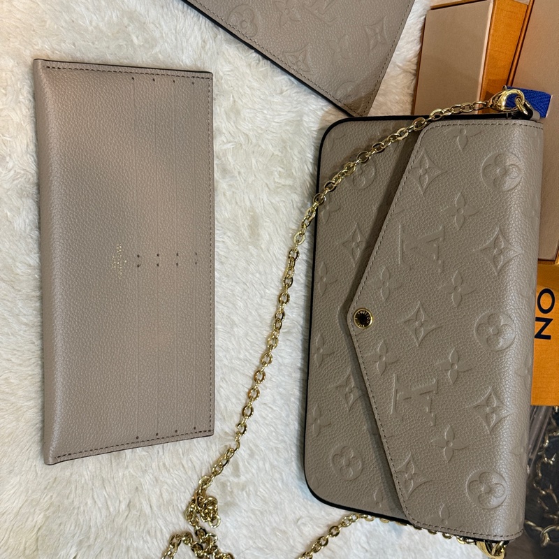 未使用美品 晶片款✨LV大象灰 米色印花牛皮三合一 WOC鏈條包 斜背包-34