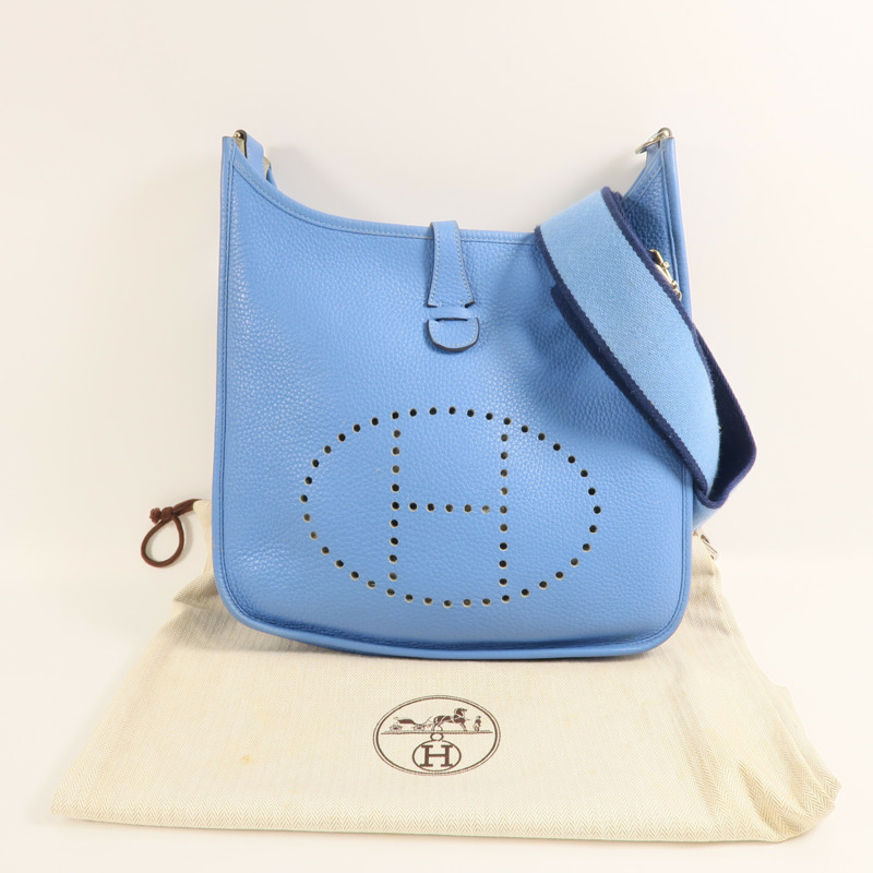 HERMES Clemence皮革Evelyne PM銀扣肩背袋Bleu Paradis-15