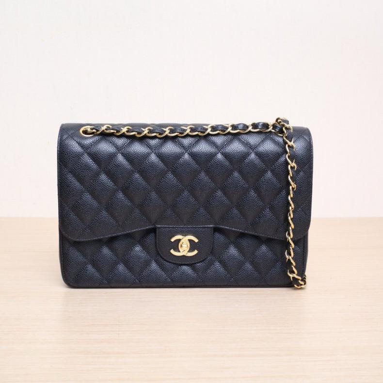 CHANEL(香奈兒) CF 口蓋包 JUMBO 30cm 黑色 荔枝 20開 金扣 菱格紋-0