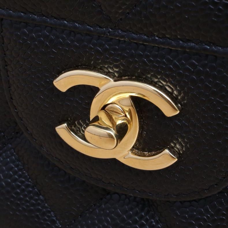 CHANEL(香奈兒) CF 口蓋包 JUMBO 30cm 黑色 荔枝 20開 金扣 菱格紋-5