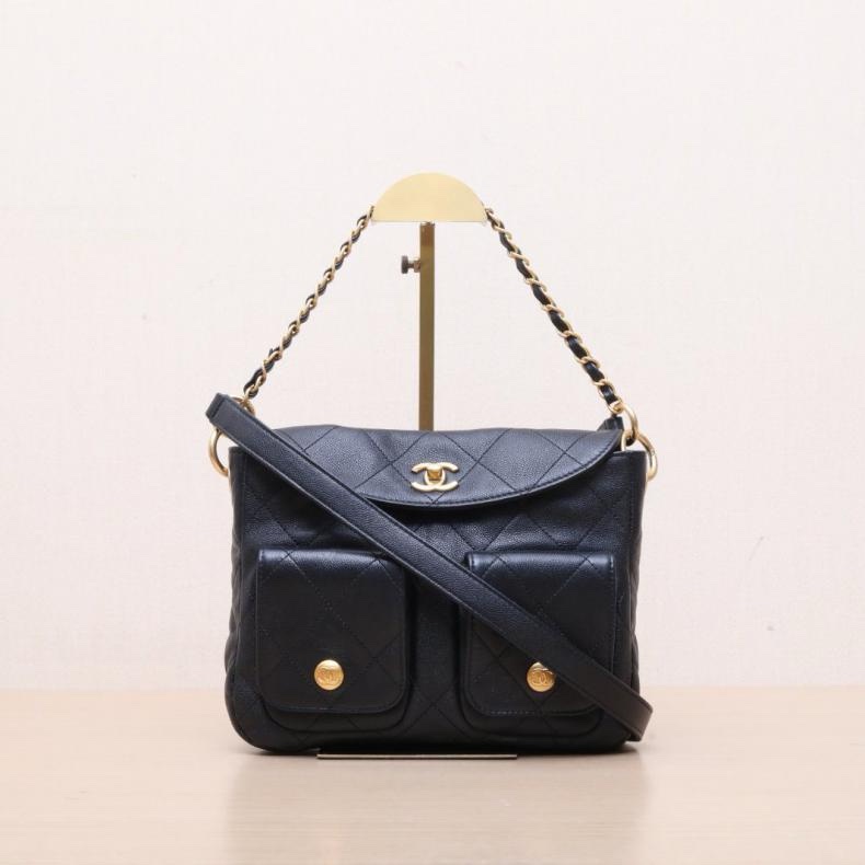 CHANEL(香奈兒) Suppletwins 24P嬉皮Hobo郵差包 小號 24.5cm 黑色 荔枝 晶片開 金扣-0