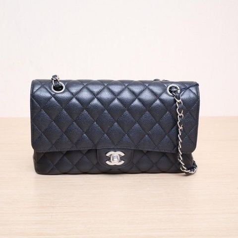 CHANEL(香奈兒) CF 口蓋包 中號 25.5cm 黑色 荔枝 31開 銀扣