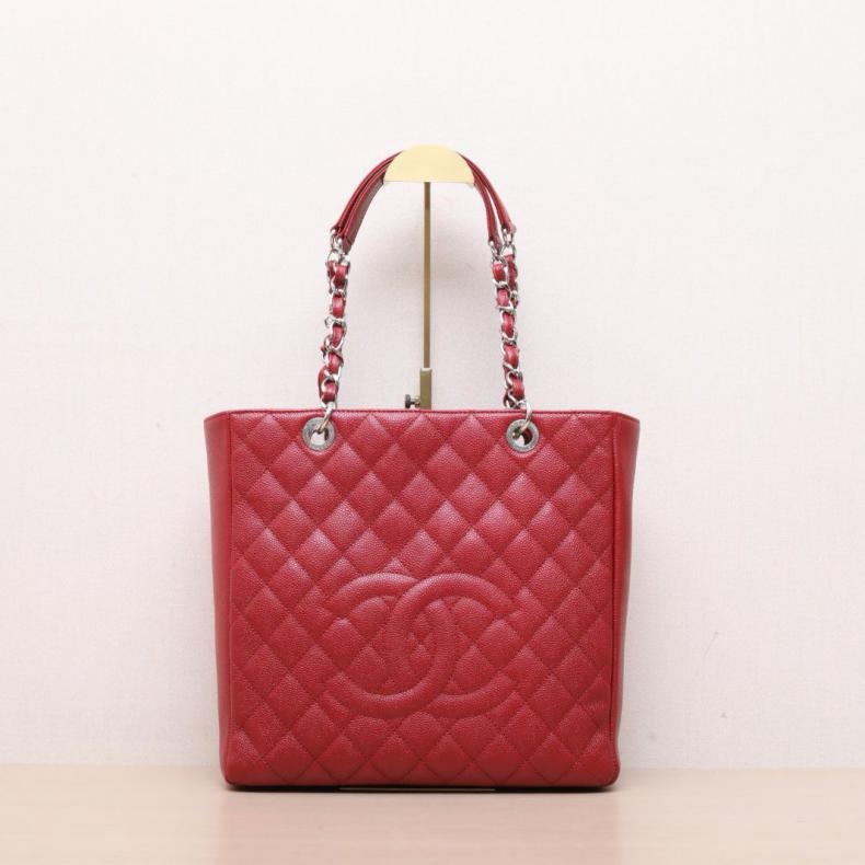 CHANEL(香奈兒) 紅色 荔枝 17開 銀扣 PST 購物袋 中號-0