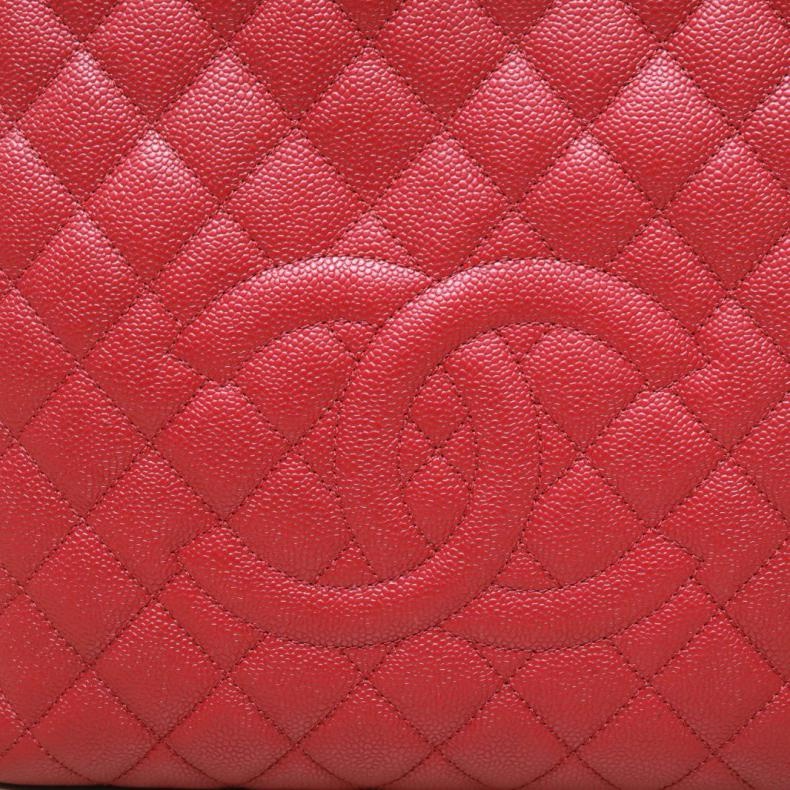 CHANEL(香奈兒) 紅色 荔枝 17開 銀扣 PST 購物袋 中號-5