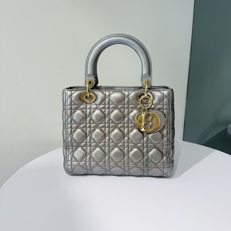 DIOR 金屬灰淡金羊皮5格黛妃包-0