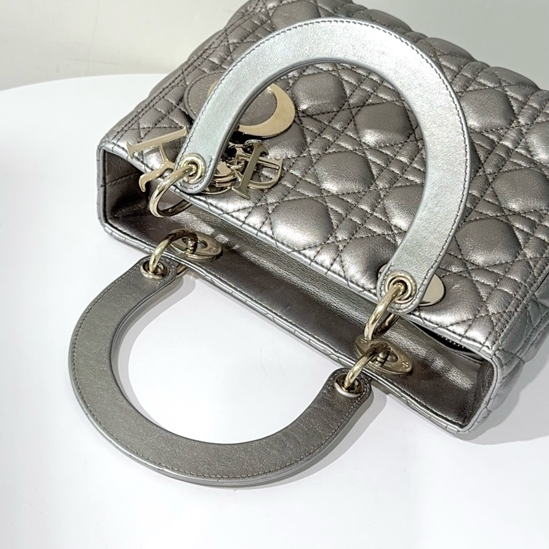 DIOR 金屬灰淡金羊皮5格黛妃包-5