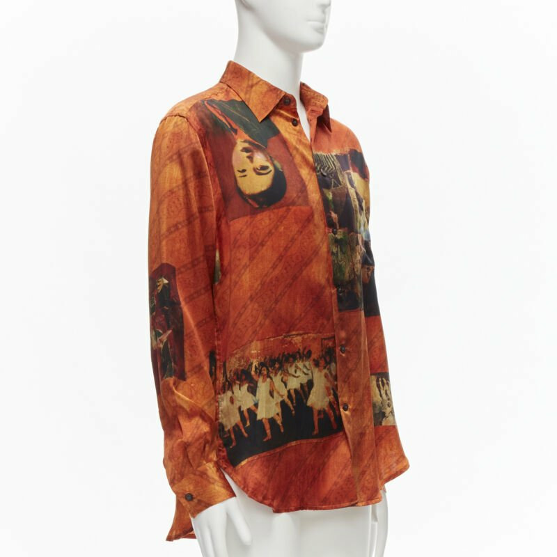 rare YOHJI YAMAMOTO 2004 100% silk Taisho Japanese portrait orange shirt JP2 M-2