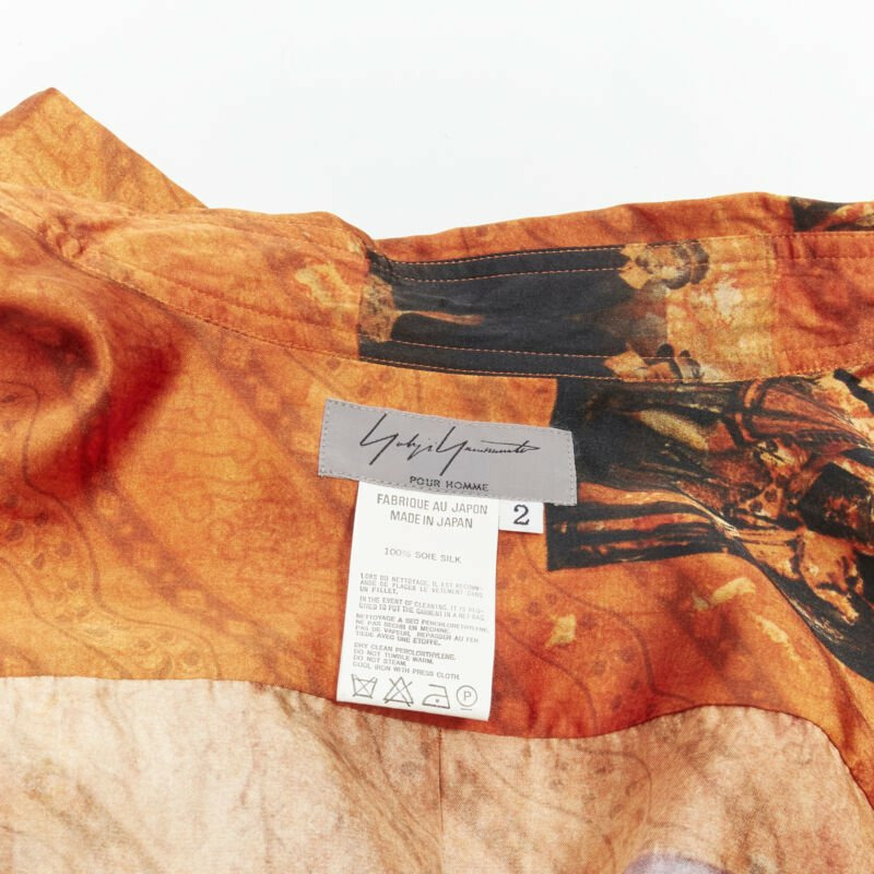 rare YOHJI YAMAMOTO 2004 100% silk Taisho Japanese portrait orange shirt JP2 M-8