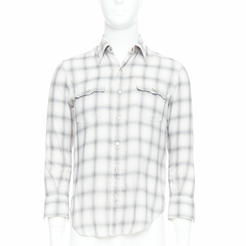 SAINT LAURENT 2016 grey cream checked resin snap buttons shirt M-0