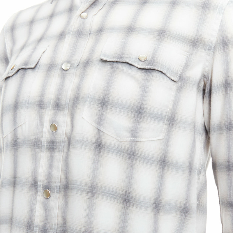 SAINT LAURENT 2016 grey cream checked resin snap buttons shirt M-1