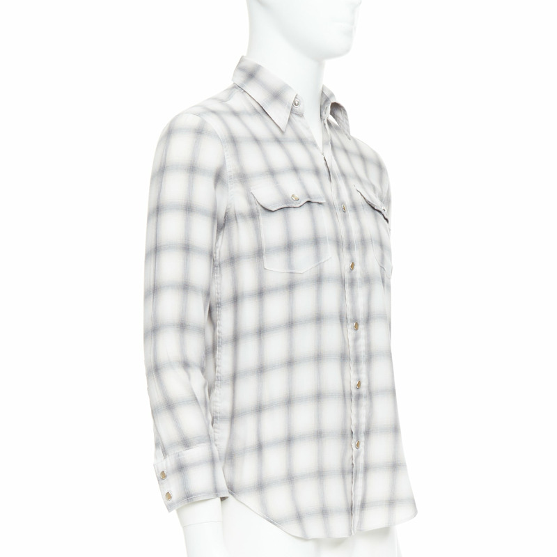 SAINT LAURENT 2016 grey cream checked resin snap buttons shirt M-2
