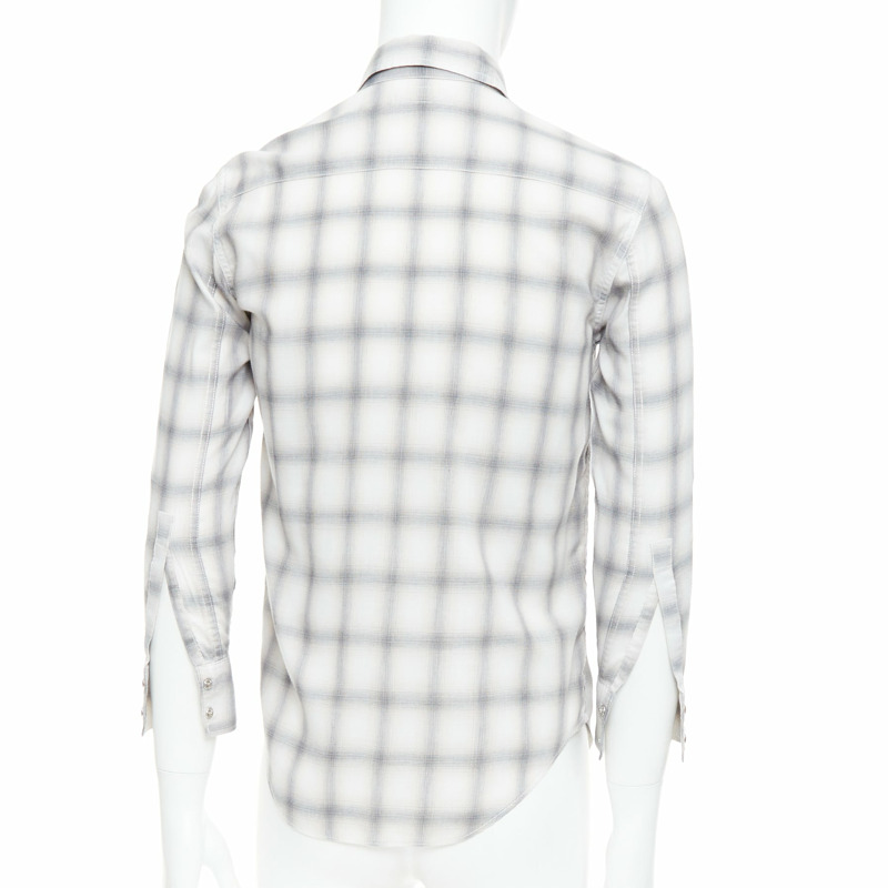 SAINT LAURENT 2016 grey cream checked resin snap buttons shirt M-4