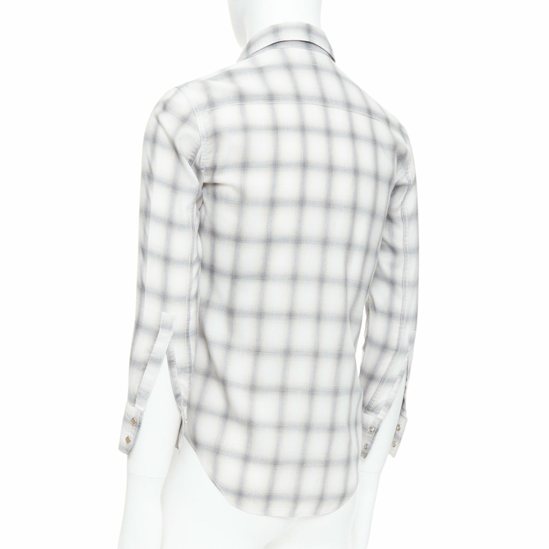 SAINT LAURENT 2016 grey cream checked resin snap buttons shirt M-5