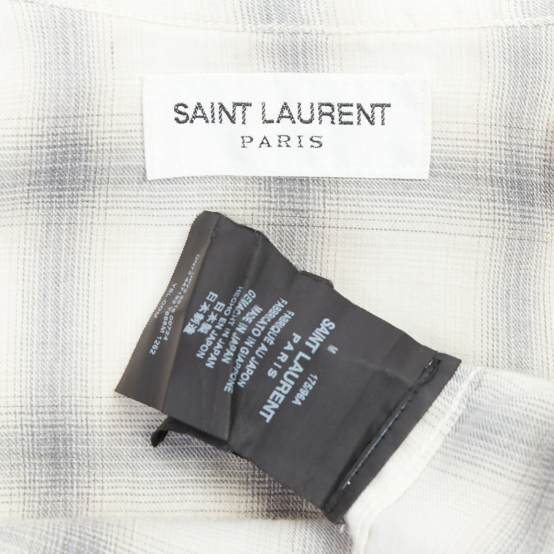 SAINT LAURENT 2016 grey cream checked resin snap buttons shirt M-7