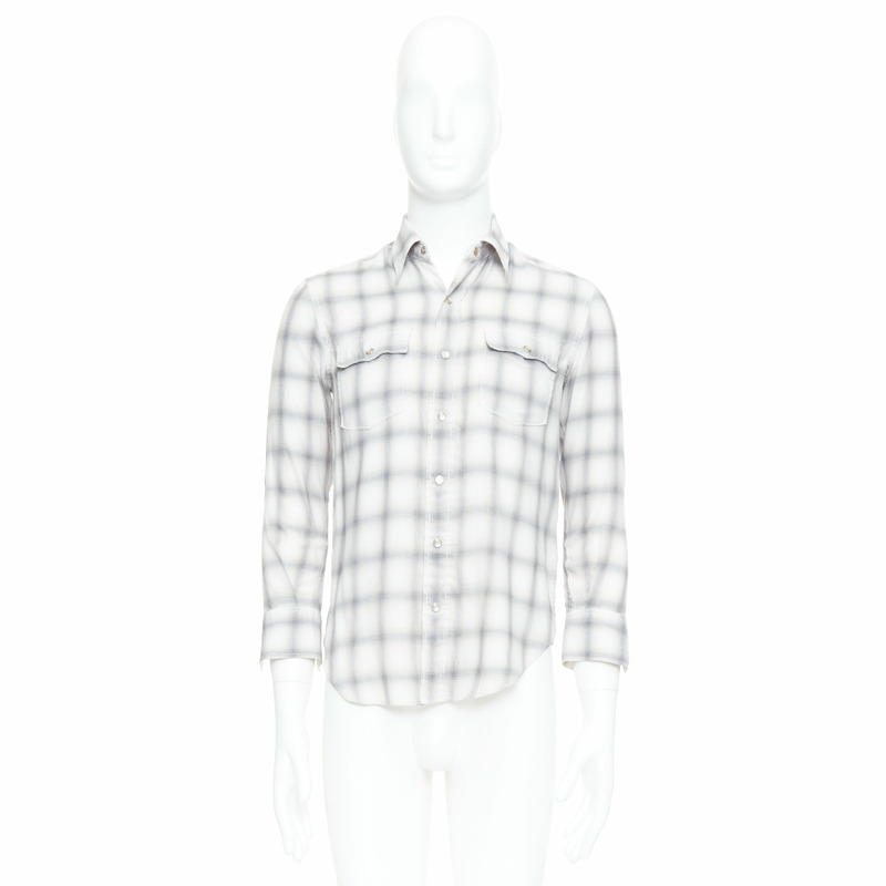 SAINT LAURENT 2016 grey cream checked resin snap buttons shirt M-8