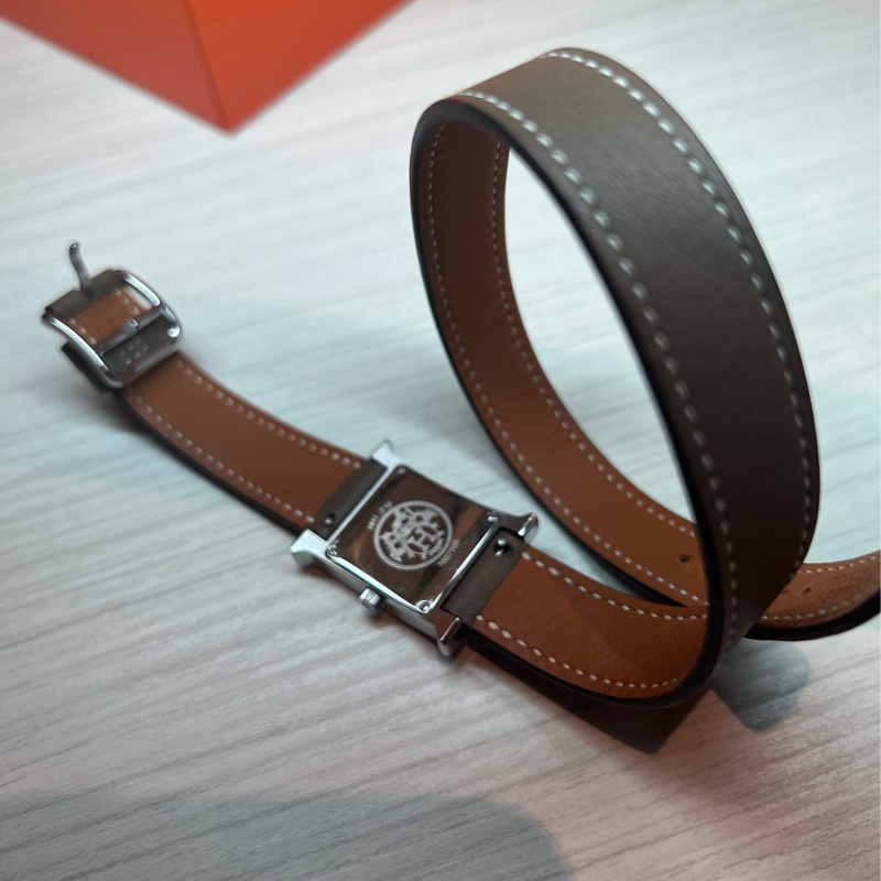 【贈大象灰Double Tour雙圈錶帶】 Hermès Heure H黑面/黑皮帶手錶21mm-2