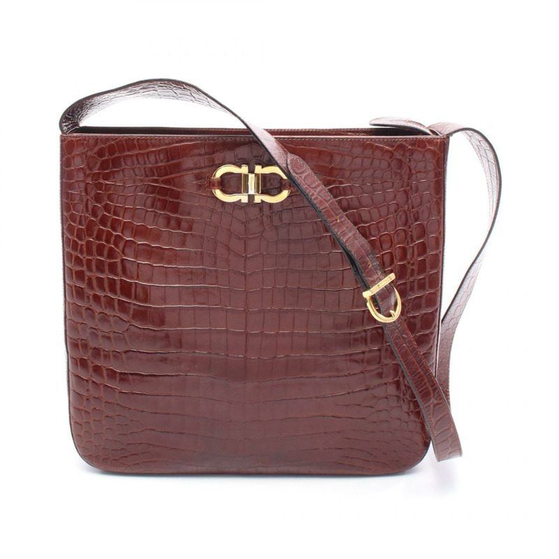 Salvatore Ferragamo Gancini 棕色皮革單肩包，二手女士-0