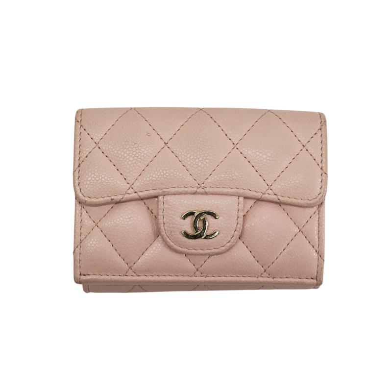 粉色 荔枝紋 牛皮 CC Logo 三折 短夾 AP0230-0