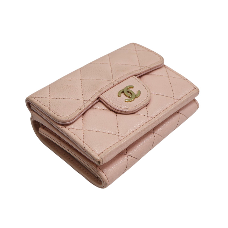 粉色 荔枝紋 牛皮 CC Logo 三折 短夾 AP0230-2
