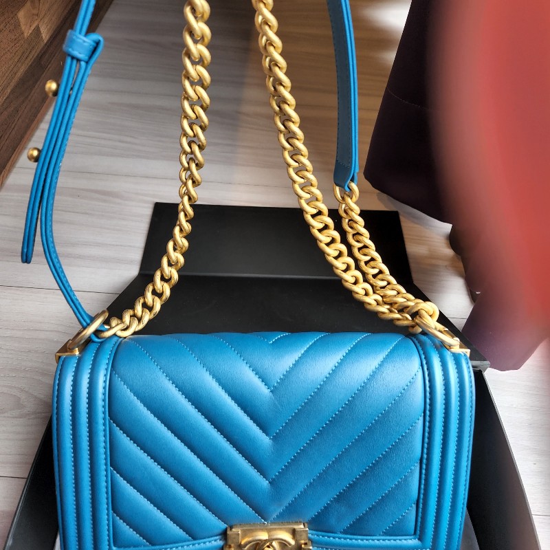 天菜CHANEL boy25人字紋 金鍊海洋藍／湛藍色-0