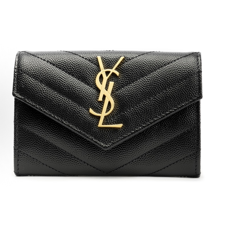 SAINT LAURENT聖羅蘭 YSL CASSANDRE 金色調五金Logo絎縫面縫線跡短款翻蓋 顆粒紋理壓花牛皮革 錢包-1
